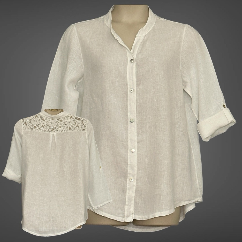 New Collection Italy Womens Top XL White Linen Tunic Lace Sequins Fairy Beachy